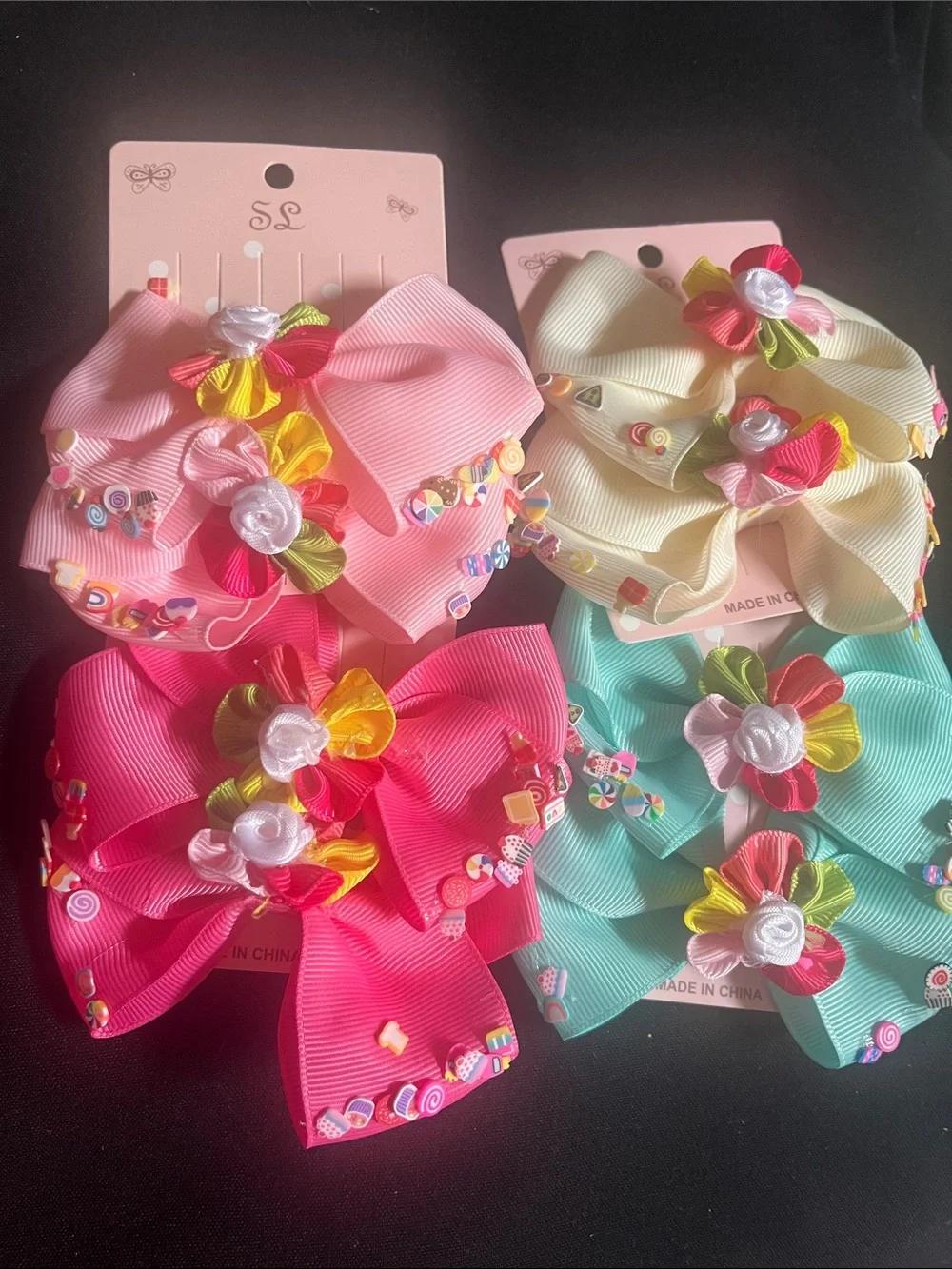 Girls Layered Floral Ribbon Hair Bows - Pink, Cream, Teal, Hot Pink